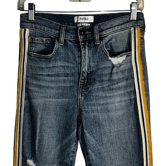 Pistola Charlie High Rise Straight Jeans Size 27 Side Stripe Distressed Denim - Picture 2 of 7